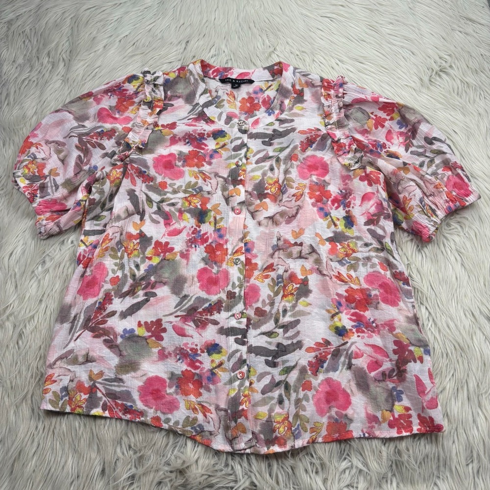 Zac & Rachel Women's M Watercolor Floral Blouse Puff Sleeve Feminie Spring